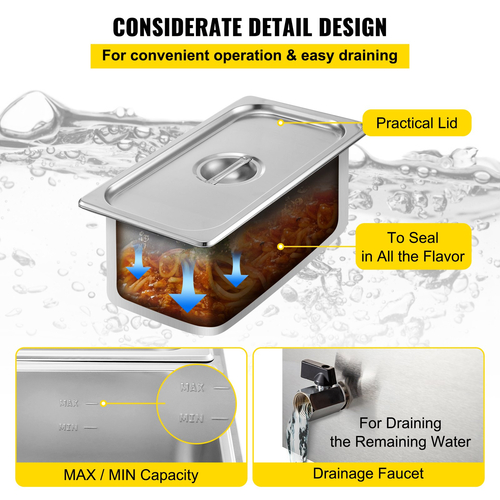 VEVOR Countertop Food Warner 6-Pan Commercial Food Warmer 850W Electric Countertop Steam Τραπέζι 15cm/6inch Βαθύς ανοξείδωτος χάλυβας Bain Marie Μεγάλης χωρητικότητας 7 Quart για κέτερινγκ σε μπουφέ