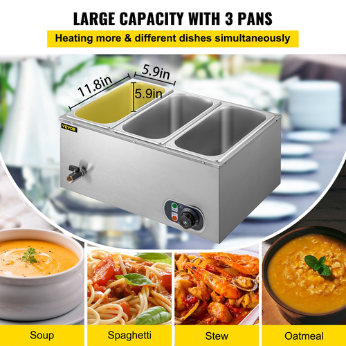 VEVOR Commercial Food Warner 3-Tan 850W Electric Countertop Steam Τραπέζι 15cm/6inch Βαθύς από ανοξείδωτο ατσάλι Bain Marie Θερμαντήρας φαγητού μεγάλης χωρητικότητας 7 Quart/Tan για κέτερινγκ και εστιατόρια