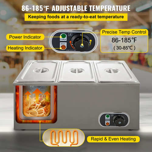 VEVOR Commercial Food Warner 3-Tan 850W Electric Countertop Steam Τραπέζι 15cm/6inch Βαθύς από ανοξείδωτο ατσάλι Bain Marie Θερμαντήρας φαγητού μεγάλης χωρητικότητας 7 Quart/Tan για κέτερινγκ και εστιατόρια