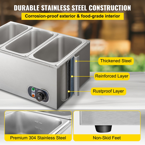 VEVOR Commercial Food Warner 3-Tan 850W Electric Countertop Steam Τραπέζι 15cm/6inch Βαθύς από ανοξείδωτο ατσάλι Bain Marie Θερμαντήρας φαγητού μεγάλης χωρητικότητας 7 Quart/Tan για κέτερινγκ και εστιατόρια