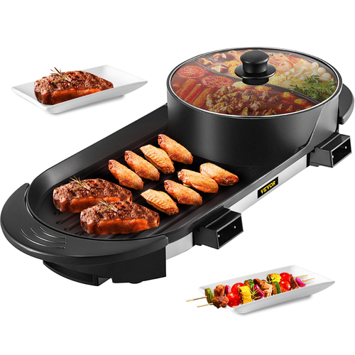 VEVOR 2 σε 1 BBQ Grill and Hot Pot with Divider Multifunction Teppanyaki Grill Pot, Ξεχωριστό Διπλό Ελέγχου Θερμοκρασίας Ηλεκτρική εστία μπάρμπεκιου Hot Pot, 5 ταχύτητες για εσωτερικό κορεάτικο μπάρμπεκιου, Shabu Shabu Black
