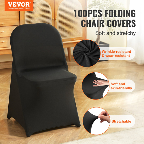VEVOR 100PCS Μαύρα Stretch Spandex Πτυσσόμενα καλύμματα καρέκλας, Universal εφαρμοστό κάλυμμα καρέκλας, Αφαιρούμενα πλενόμενα προστατευτικά καλύμματα, για γάμους, γιορτές, συμπόσιο, πάρτι, γιορτή, δείπνο