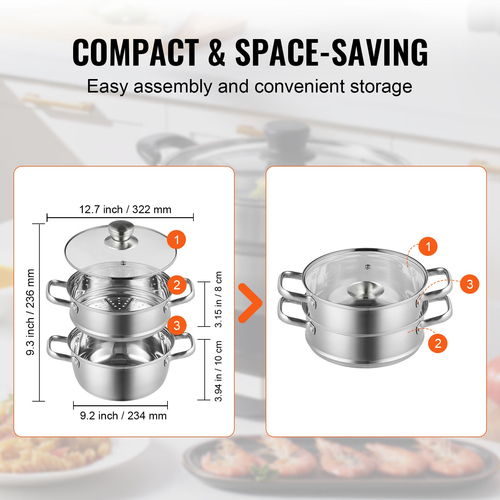 VEVOR Steamer Pot, 8,66in/22cm Steamer Bot for Cook with 3QT Stock Pot and Vegetable Steamer, Μεγάλης Χωρητικότητας Ανοξείδωτο Ατσάλι Μαγειρικά σκεύη με καπάκι για ηλεκτρική επαγωγική εστία αερίου