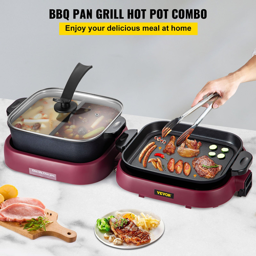 VEVOR 2 σε 1 Ηλεκτρική ψησταριά και Hot Pot, Πτυσσόμενη ψησταριά BBQ και Hot Pot, Πολυλειτουργική ψησταριά Teppanyaki 2100W με διπλό έλεγχο θερμοκρασίας, ψησταριά χωρίς καπνό με αντικολλητική επίστρωση
