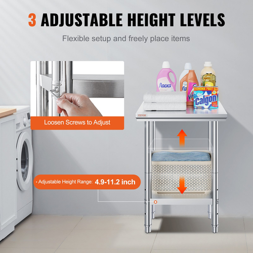VEVOR Τραπέζι εργασίας 24 x 24 x 32 ίντσες NSF Τραπέζι εργασίας από ανοξείδωτο ατσάλι για επαγγελματική κουζίνα Prep πάγκος εργασίας 60X60X80cm με κάτω ράφι Τραπέζι εργασίας Silvery for Commercial Kitchen Restaurant