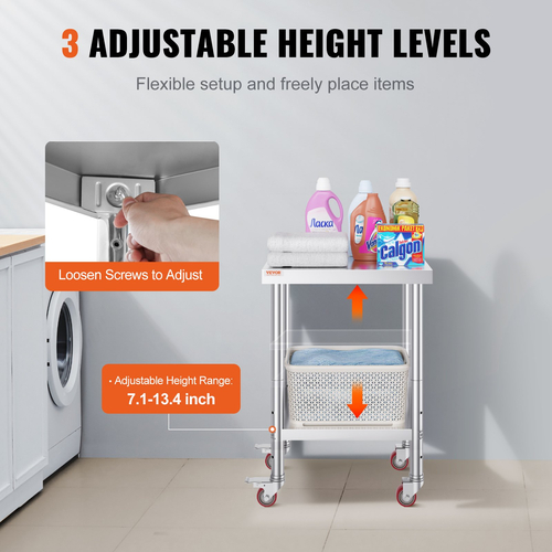 VEVOR Τραπέζι εργασίας Catering από ανοξείδωτο ατσάλι 24x18 ιντσών Επαγγελματικό τραπέζι κουζίνας με 4 ρόδες Commercial Food Prep Πάγκος εργασίας με εύκαμπτο ράφι προσαρμογής για τραπέζι προετοιμασίας κουζίνας