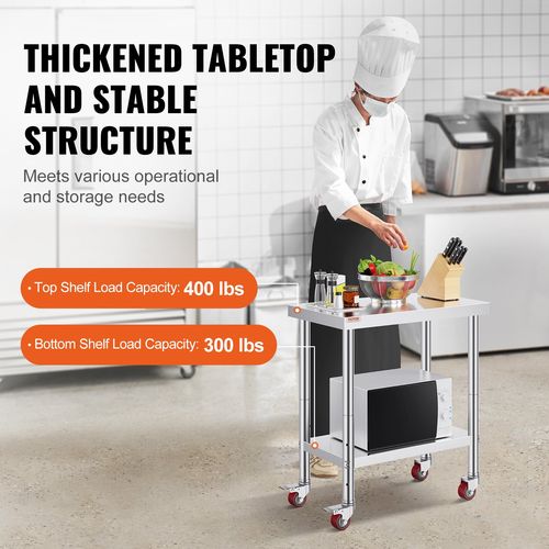 VEVOR Τραπέζι εργασίας Catering από ανοξείδωτο ατσάλι 30x18 ιντσών Επαγγελματικό τραπέζι κουζίνας με 4 ρόδες Commercial Food Prep Πάγκος εργασίας με ευέλικτο ράφι προσαρμογής για τραπέζι προετοιμασίας κουζίνας