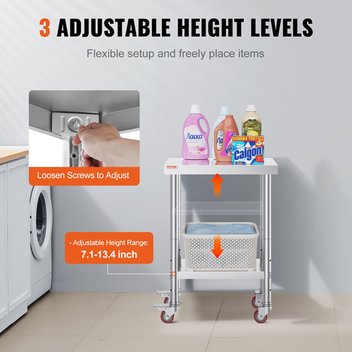 VEVOR Τραπέζι εργασίας Catering από ανοξείδωτο ατσάλι 12x24 ιντσών Επαγγελματικό τραπέζι εργασίας με 4 ρόδες Commercial Food Prep Πάγκος εργασίας με εύκαμπτο ράφι προσαρμογής για τραπέζι προετοιμασίας κουζίνας