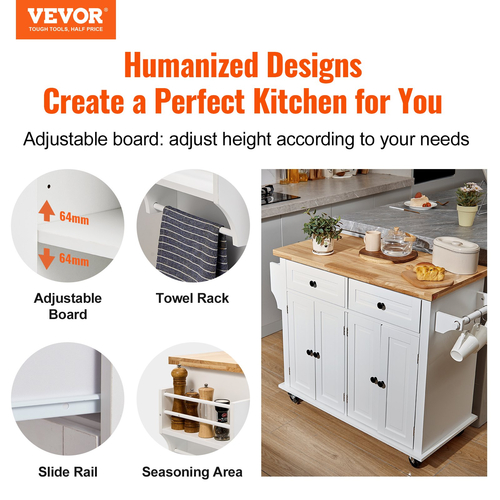 VEVOR Kitchen Island Cart με μασίφ ξύλινη μπλούζα, 35,4&quot; πλάτους κινητά καρότσια με ντουλάπι αποθήκευσης, κυλιόμενο τραπέζι κουζίνας με σχάρα μπαχαρικών, σχάρα για πετσέτες και συρτάρι, φορητά νησιά σε ρόδες, λευκό