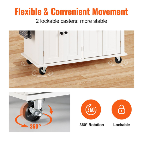 VEVOR Kitchen Island Cart με μασίφ ξύλινη μπλούζα, 35,4&quot; πλάτους κινητά καρότσια με ντουλάπι αποθήκευσης, κυλιόμενο τραπέζι κουζίνας με σχάρα μπαχαρικών, σχάρα για πετσέτες και συρτάρι, φορητά νησιά σε ρόδες, λευκό