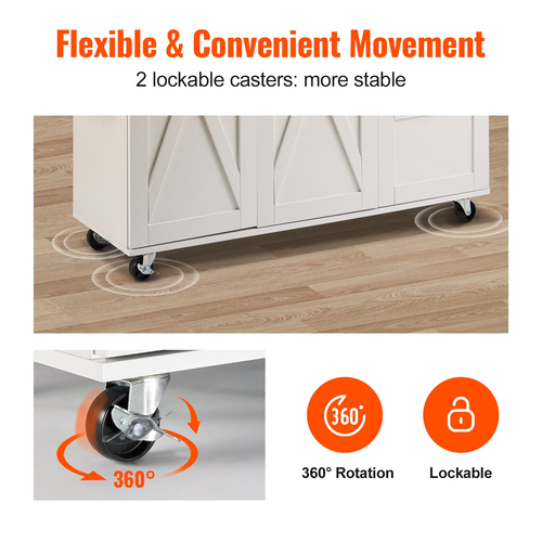 VEVOR Kitchen Island Cart με μασίφ ξύλινη κορυφή, 45,3&quot; πλάτος κινητά καρότσια με ντουλάπι αποθήκευσης, κυλιόμενο τραπέζι κουζίνας με σχάρα μπαχαρικών, σχάρα για πετσέτες, φύλλο και συρτάρι, φορητά νησιά σε ρόδες, λευκό