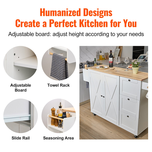 VEVOR Kitchen Island Cart με μασίφ ξύλινη κορυφή, 45,3&quot; πλάτος κινητά καρότσια με ντουλάπι αποθήκευσης, κυλιόμενο τραπέζι κουζίνας με σχάρα μπαχαρικών, σχάρα για πετσέτες, φύλλο και συρτάρι, φορητά νησιά σε ρόδες, λευκό