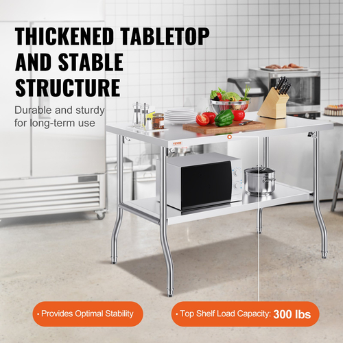 VEVOR Commercial τραπέζι εργασίας Σταθμός εργασίας 48x30 ιντσών Πτυσσόμενο Εμπορικό τραπέζι προετοιμασίας, διπλό ράφι από ανοξείδωτο ατσάλι πτυσσόμενο τραπέζι, τραπέζι εργασίας κουζίνας με φορτίο 772 λίβρες Silver Inox Steel Kitchen Island