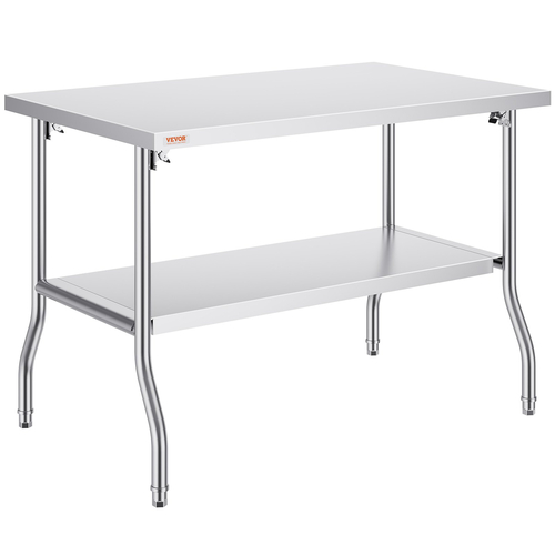VEVOR Commercial τραπέζι εργασίας Σταθμός εργασίας 48x30 ιντσών Πτυσσόμενο Εμπορικό τραπέζι προετοιμασίας, διπλό ράφι από ανοξείδωτο ατσάλι πτυσσόμενο τραπέζι, τραπέζι εργασίας κουζίνας με φορτίο 772 λίβρες Silver Inox Steel Kitchen Island
