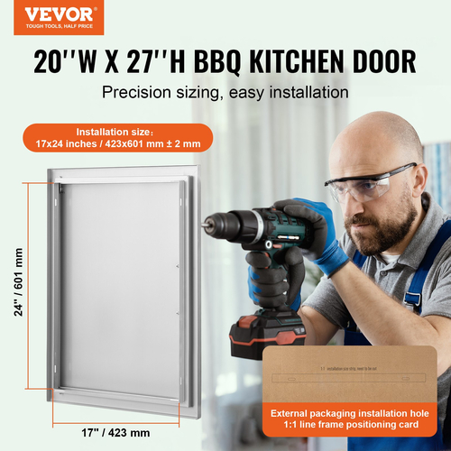 VEVOR BBQ Access Door, 508x686 mm Μονή Πόρτα Κουζίνας, Εξωτερική Πόρτα από ανοξείδωτο ατσάλι, Επίτοιχη Πόρτα με Χειρολαβή, για BBQ Island, Ψητοπωλείο, Εξωτερικό ντουλάπι