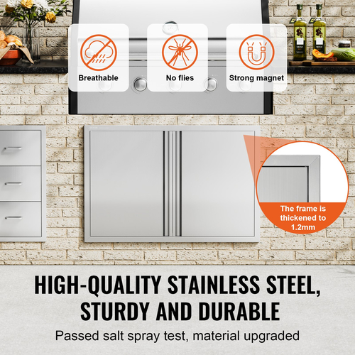 VEVOR BBQ Access Door, 914x610 mm Διπλή Πόρτα Εξωτερικής Κουζίνας, Πόρτα από ανοξείδωτο ατσάλι Flush Mount, Επιτοίχια κάθετη πόρτα με χωνευτές λαβές, για BBQ Island, Ψητοπωλείο, Εξωτερικό ντουλάπι