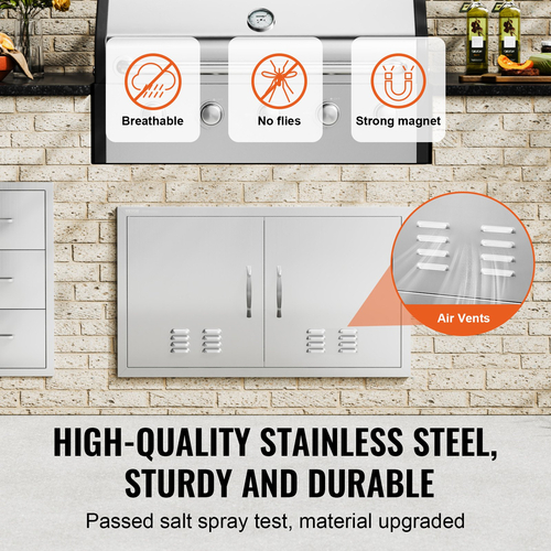 VEVOR BBQ Access Door, 914x534 mm Διπλή Πόρτα Εξωτερικής Κουζίνας, Πόρτα από ανοξείδωτο ατσάλι, Flush Mount Door, Επιτοίχια Κάθετη Πόρτα με χερούλια και αεραγωγούς, για BBQ Island, Ψητοπωλείο, Εξωτερικό ντουλάπι