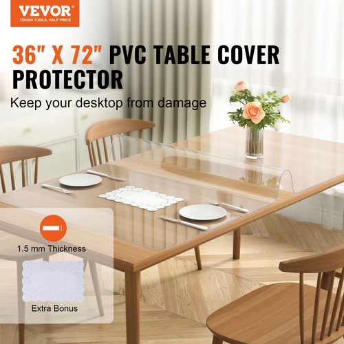 Κάλυμμα τραπεζιού VEVOR Clear, 36&quot; x 72&quot; Κάλυμμα τραπεζιού, πλαστικό τραπεζομάντιλο PVC πάχους 1,5 mm, αδιάβροχο προστατευτικό επιφάνειας εργασίας για γραφείο, τραπεζάκι σαλονιού, τραπέζι τραπεζαρίας