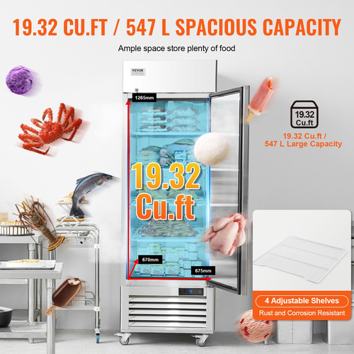 Επαγγελματικός καταψύκτης VEVOR 20,12 Cu.ft, Reach In όρθιος καταψύκτης μονή πόρτα, αυτόματη απόψυξη από ανοξείδωτο ατσάλι με 3 ρυθμιζόμενα ράφια, έλεγχος θερμοκρασίας από -13 έως 5℉ και 4 τροχούς