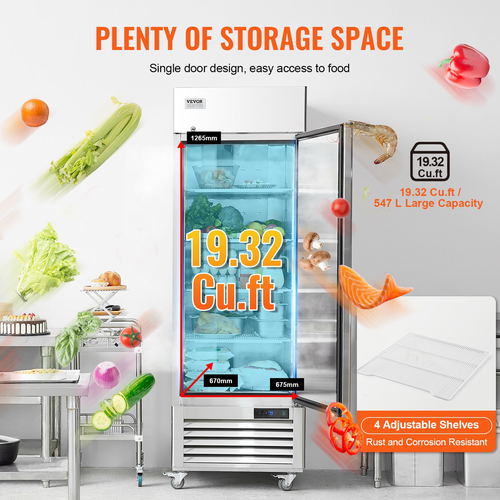 Επαγγελματικό Ψυγείο VEVOR 20,12 Cu.ft, Reach In όρθιο Ψυγείο μονή πόρτα, αυτόματη απόψυξη ανοξείδωτο ψυγείο με 3 ράφια, έλεγχο θερμοκρασίας 28,4 έως 46,4 ° F και 4 τροχούς