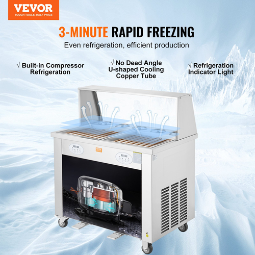 VEVOR Fried Ice Cream Roll Machine Rolled Ice Cream Maker 13,8x13,8 ιντσών 2 τηγάνια