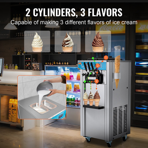 VEVOR Commercial Soft Serve Ice Cream Maker 21-31 L/H Yield 3-Flavor