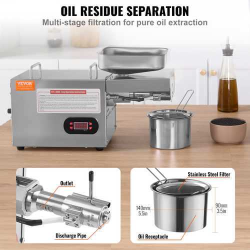 VEVOR Electric Oil Press Machine, 850W Μηχάνημα εξαγωγής λαδιού από ανοξείδωτο χάλυβα, 0-300℃ / 32 - 572 ℉ Ρυθμιζόμενη θερμοκρασία, Hot Press Oil Expeller για συμπίεση φιστικιών, σουσάμι, κραμβόσπορο, σπόρους τσαγιού