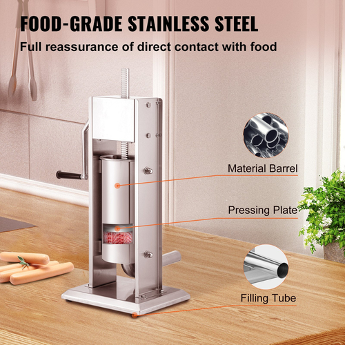 VEVOR Manual Sausage Stuffer, χωρητικότητας 8LBS/5L, Two Speed 304 Stainless Steel Vertical Sausage Stuff, Μηχανή Γέμισης Λουκάνικων με 4 Σωληνάρια Γέμισης, Βάση Αναρρόφησης για Οικιακή ή Εμπορική Χρήση