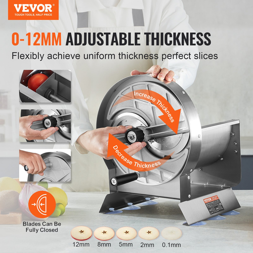 VEVOR Manual Vegetable Fruit Slicer, 0-0,5&quot;/0-12mm Thickness Adjustable Commercial Slicer Machine, Ανοξείδωτο ατσάλι Κόφτης Τροφίμων Μηχάνημα κοπής σε φέτες με 2 Ανταλλακτικές Λεπίδες, για πατάτα, αγγούρι, λεμόνι, ντομάτα
