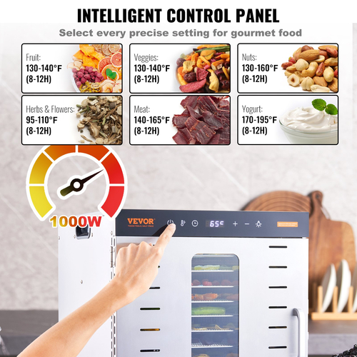 VEVOR 10 Trays Μηχανή αφυδάτωσης τροφίμων από ανοξείδωτο ατσάλι 1000W Jerky Fruit Drying