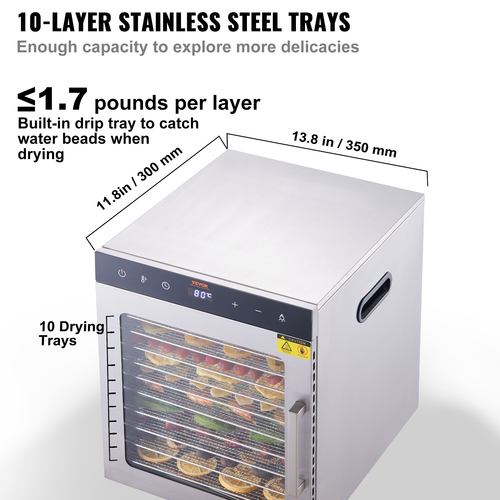 VEVOR 10 Trays Μηχάνημα αφυδάτωσης τροφίμων από ανοξείδωτο ατσάλι 800W Jerky Fruit Drying