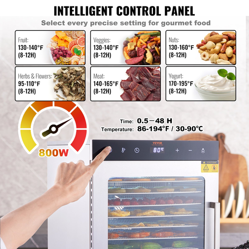 VEVOR 10 Trays Μηχάνημα αφυδάτωσης τροφίμων από ανοξείδωτο ατσάλι 800W Jerky Fruit Drying
