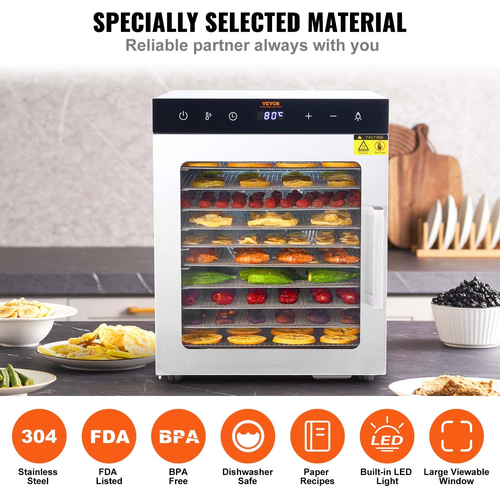 VEVOR 10 Trays Μηχάνημα αφυδάτωσης τροφίμων από ανοξείδωτο ατσάλι 800W Jerky Fruit Drying