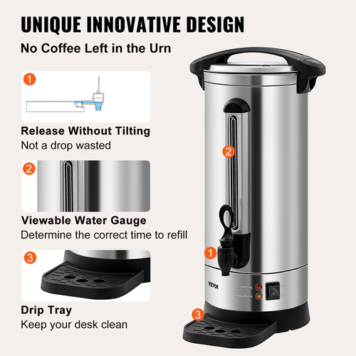 VEVOR Commercial Coffee Urn, 110 φλιτζάνια από ανοξείδωτο χάλυβα, μεγάλος διανομέας καφέ, 1500W 110V ηλεκτρική καφετιέρα για γρήγορη παρασκευή, δοχείο ζεστού νερού με αποσπώμενο καλώδιο ρεύματος για εύκολο καθάρισμα, ασημί