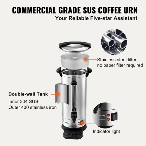 VEVOR Commercial Coffee Urn, 110 φλιτζάνια από ανοξείδωτο χάλυβα, μεγάλος διανομέας καφέ, 1500W 110V ηλεκτρική καφετιέρα για γρήγορη παρασκευή, δοχείο ζεστού νερού με αποσπώμενο καλώδιο ρεύματος για εύκολο καθάρισμα, ασημί