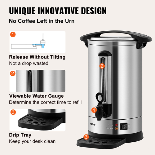 VEVOR Commercial Coffee Urn, 65 φλιτζάνια από ανοξείδωτο χάλυβα, μεγάλος διανομέας καφέ, 1500W 220V ηλεκτρική καφετιέρα για γρήγορη παρασκευή, δοχείο ζεστού νερού με αποσπώμενο καλώδιο ρεύματος για εύκολο καθάρισμα, ασημί