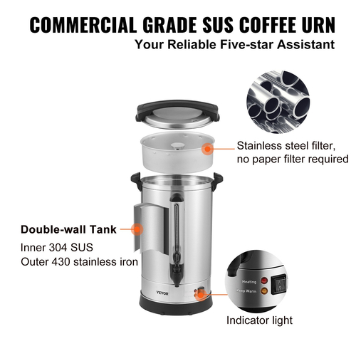 VEVOR Commercial Coffee Urn, 65 φλιτζάνια από ανοξείδωτο χάλυβα, μεγάλος διανομέας καφέ, 1500W 220V ηλεκτρική καφετιέρα για γρήγορη παρασκευή, δοχείο ζεστού νερού με αποσπώμενο καλώδιο ρεύματος για εύκολο καθάρισμα, ασημί