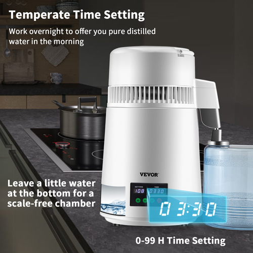 VEVOR 4L Water Distiller 1L/H Αποσταγμένου νερού Οθόνη χρονισμού &amp; θερμοκρασίας Λευκό