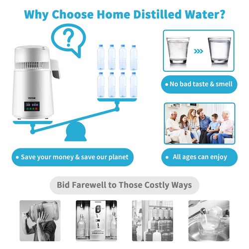 VEVOR 4L Water Distiller 1L/H Αποσταγμένου νερού Οθόνη χρονισμού &amp; θερμοκρασίας Λευκό