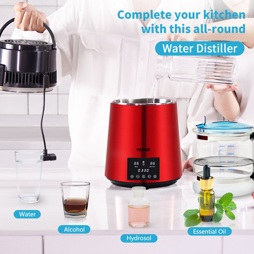 VEVOR Water Distiller, 1 L/H, 4L Destilled Water Maker με χρονισμό 0-99 H, 750W Countertop Purifier με οθόνη διπλής θερμοκρασίας, Glass Carafe Cleaning Powder 3 συσκευασίες άνθρακα Εξοπλισμένες, Εγκεκριμένο από την FDA, Κόκκινο