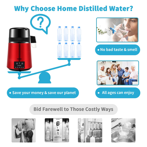 VEVOR Water Distiller, 1 L/H, 4L Destilled Water Maker με χρονισμό 0-99 H, 750W Countertop Purifier με οθόνη διπλής θερμοκρασίας, Glass Carafe Cleaning Powder 3 συσκευασίες άνθρακα Εξοπλισμένες, Εγκεκριμένο από την FDA, Κόκκινο