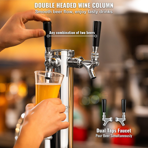 VEVOR Kegerator Tower Kit, Dual Taps Beer Conversion Kit, Ανοξείδωτος ατσάλι Keg Beer Tower Dispenser με ρυθμιστή διπλού διαμετρήματος W21.8 &amp; S-System Keg Coupler for Party Home