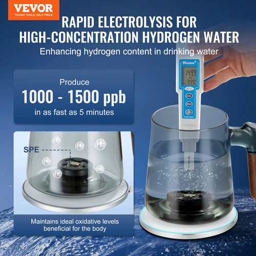 Κύπελλο νερού VEVOR Hydrogen, 400 ml / 14,1 oz Γεννήτρια υδρογόνου, Φορητή μηχανή ιονιστή νερού υδρογόνου τεχνολογίας SPE με ασύρματη βάση φόρτισης, γυάλινο κύπελλο υγείας πλούσιο σε υδρογόνο