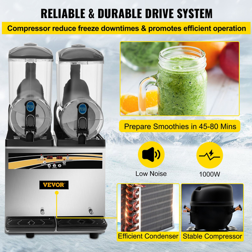 VEVOR Slush Frozen Drink Machine, 2x15L Tank Commercial Machine Margarita, 890W Stainless Steel Margarita Maker, Temperature Slush 25°F to 30°F Drink Maker, Ιδανικό για εστιατόρια Καφετέριες Μπαρ