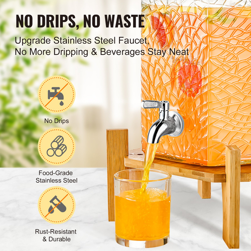 VEVOR Beverage Dispenser, 2,5 Gallon Dispenser για πάρτι, Glass Juice Dispenser with Stand, Inox Spigot, Iced Tea Juice Water Dispenser, για εστιατόρια, ξενοδοχεία, πάρτι