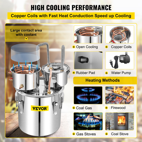 VEVOR 50L SUS Water Distiller with Condenser &amp; Thumper Keg, Boiler 13,2Gal Essential Oil Making with Copper Tube, Home Brewing Kit με ενσωματωμένο θερμόμετρο