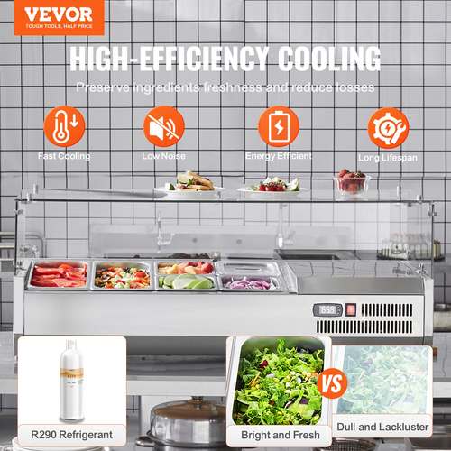 VEVOR Countertop Refrigerated Salad Pizza Prep Station 140 W Glass Guard CE
