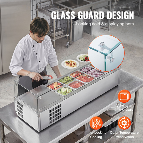 VEVOR Countertop Refrigerated Salad Pizza Prep Station 150 W Glass Guard CE
