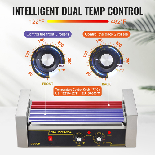 VEVOR Electric 12 Hot Dog 5 Roller Grill Cooker Machine Backsplash &amp; Shelf 1000W
