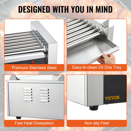 VEVOR Electric 18 Hot Dog 7 Roller Grill Cooker Machine Backsplash &amp; Shelf 1,4KW